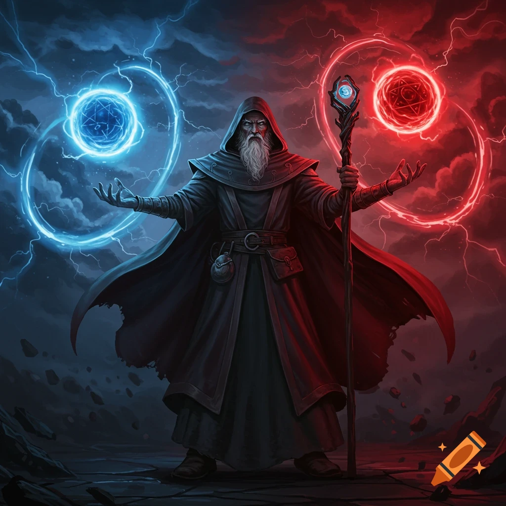 A powerful wizard in dark robes with a long white beard conjures blue and red swirling magic orbs and lightning.