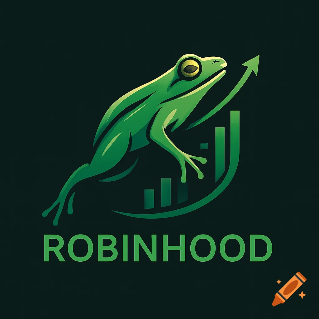 A stylized green frog leaps over a green bar chart with an upward arrow, with the word 'ROBINHOOD' below, on a dark green background.