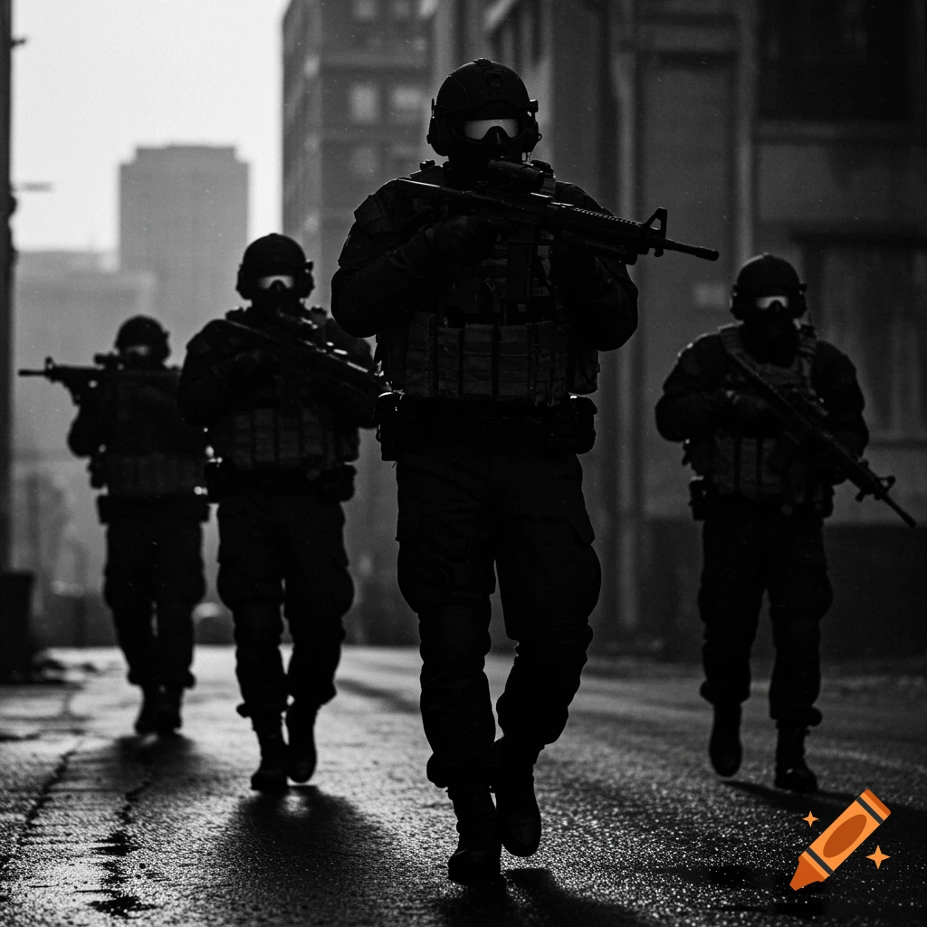 Four armed soldiers in tactical gear walk down a wet, urban street in a dramatic black and white shot.