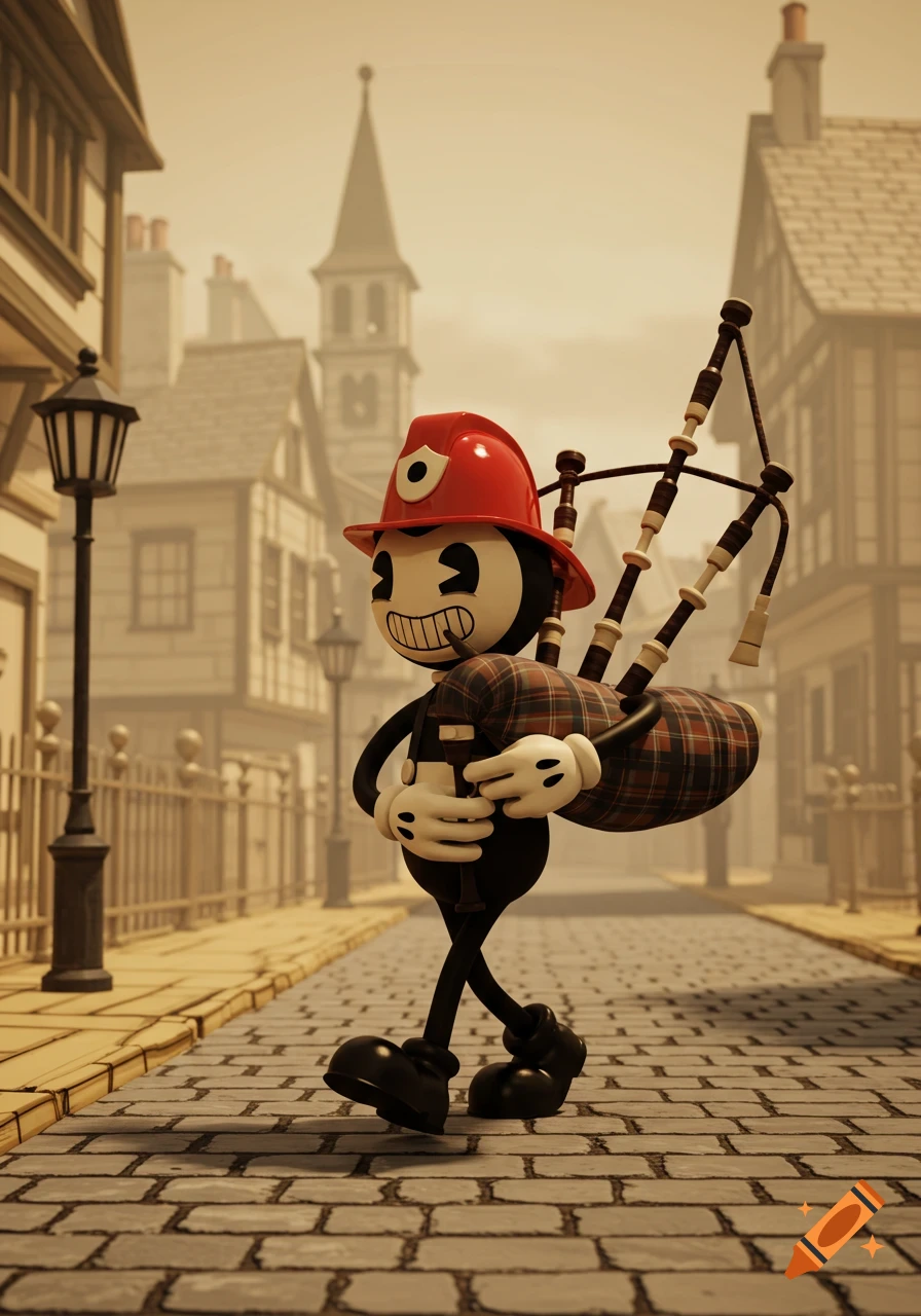 A black and white cartoon character in a red fire helmet walks on a cobblestone street, carrying plaid bagpipes, with old buildings in the background.