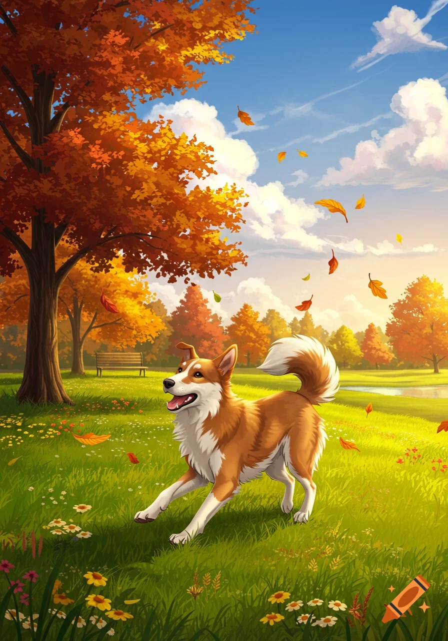 A happy brown and white dog bounds through a vibrant autumn park with colorful trees and falling leaves, in an illustrated style.