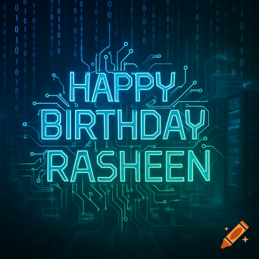Neon blue and green 'Happy Birthday Rasheen' text with circuit board patterns and binary code on a dark background.