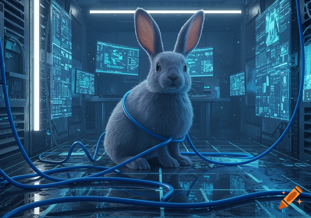 A fluffy grey rabbit sits amidst blue ethernet cables in a futuristic server room with glowing screens.
