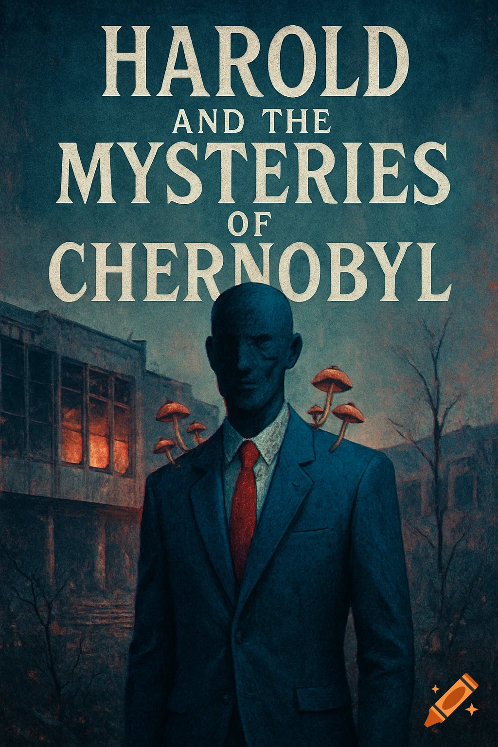 A dark book cover featuring a shadowy man in a blue suit with a red tie and mushrooms on his shoulders, standing in a ruined landscape. Text reads 'Harold and the Mysteries of Chernobyl'.