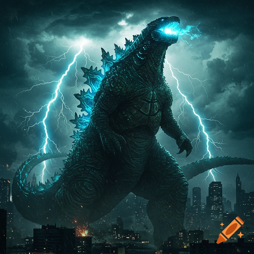 Godzilla roaring with glowing blue spines and atomic breath amidst a lightning storm over a city at night, cinematic.