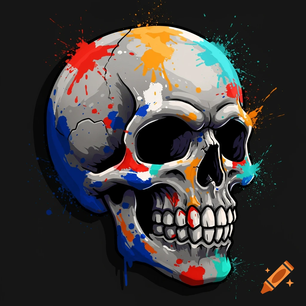 A drawn cartoon skull, grey in color, splattered with orange, white, blue, red, and green paint.