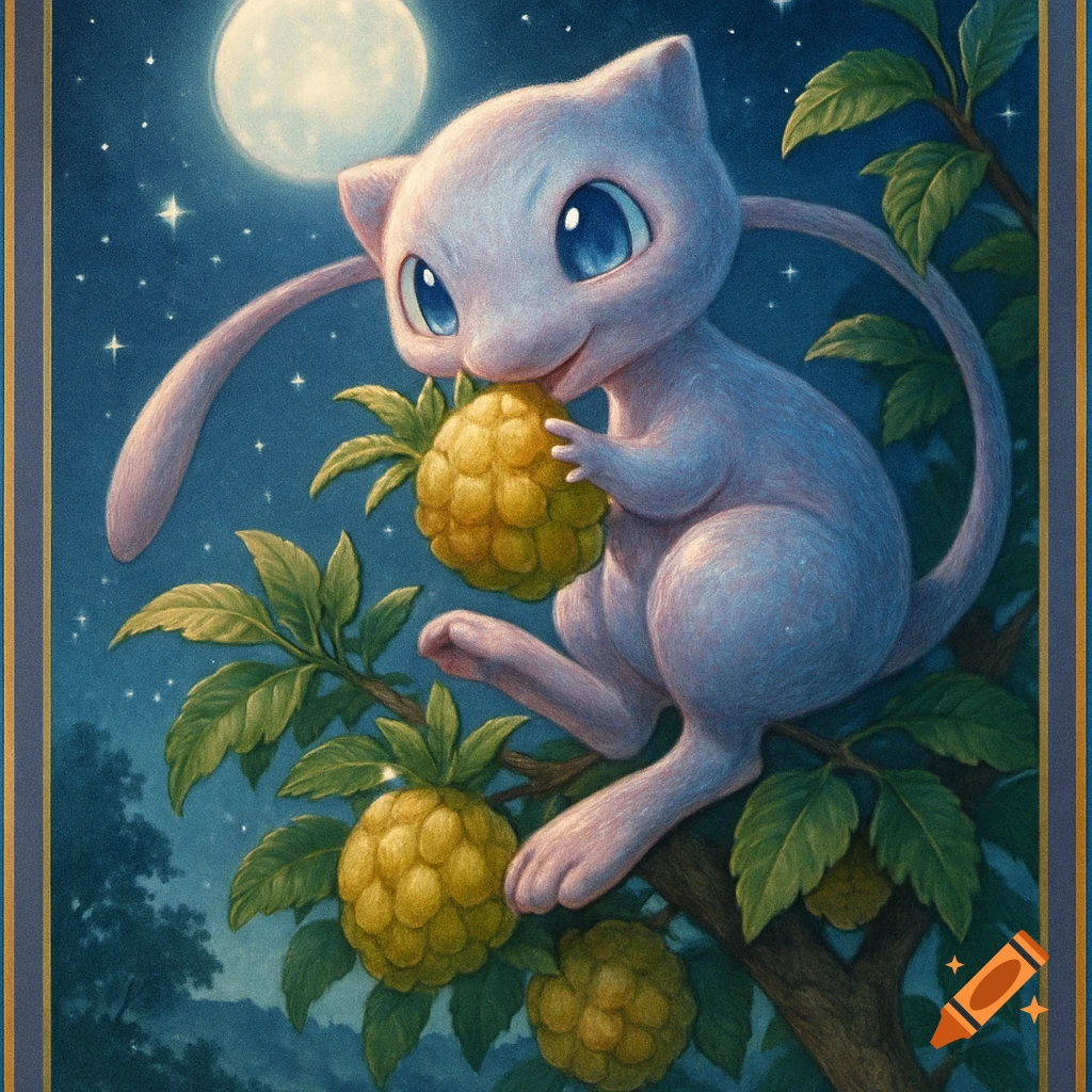 A cute, detailed illustration of the Pokemon Mew sitting in a tree at night, eating a yellow pinap berry under a full moon.