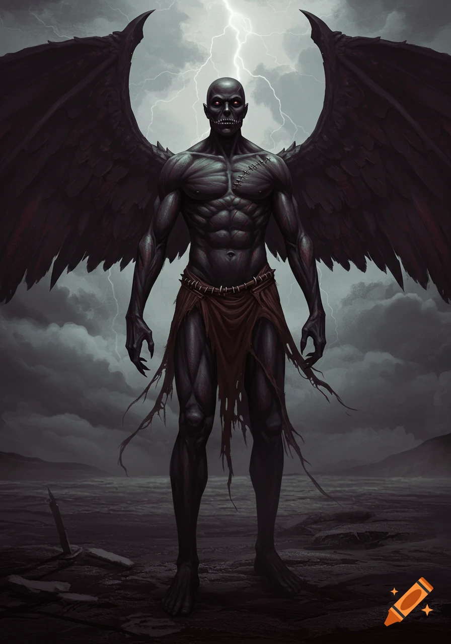 A dark, muscular winged demon with glowing red eyes and a sewn mouth stands under a stormy, lightning-filled sky.