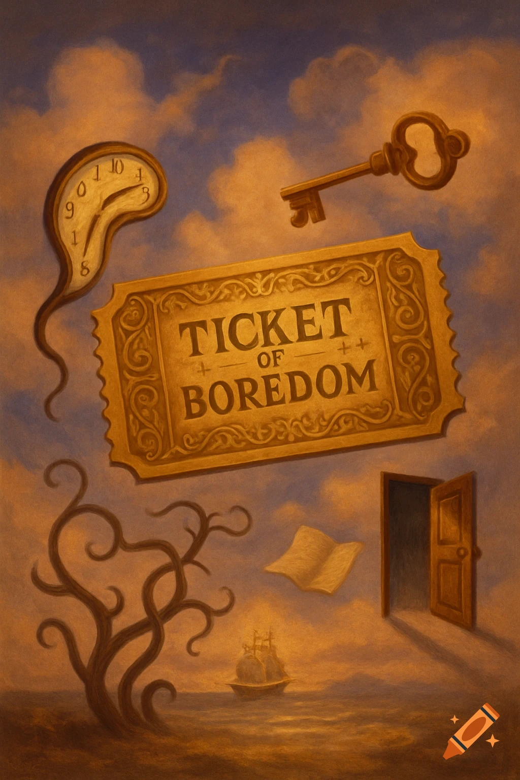A surreal painting featuring a melting clock, a large golden key, and a 'Ticket of Boredom' floating in a cloudy sky above a ship at sea.