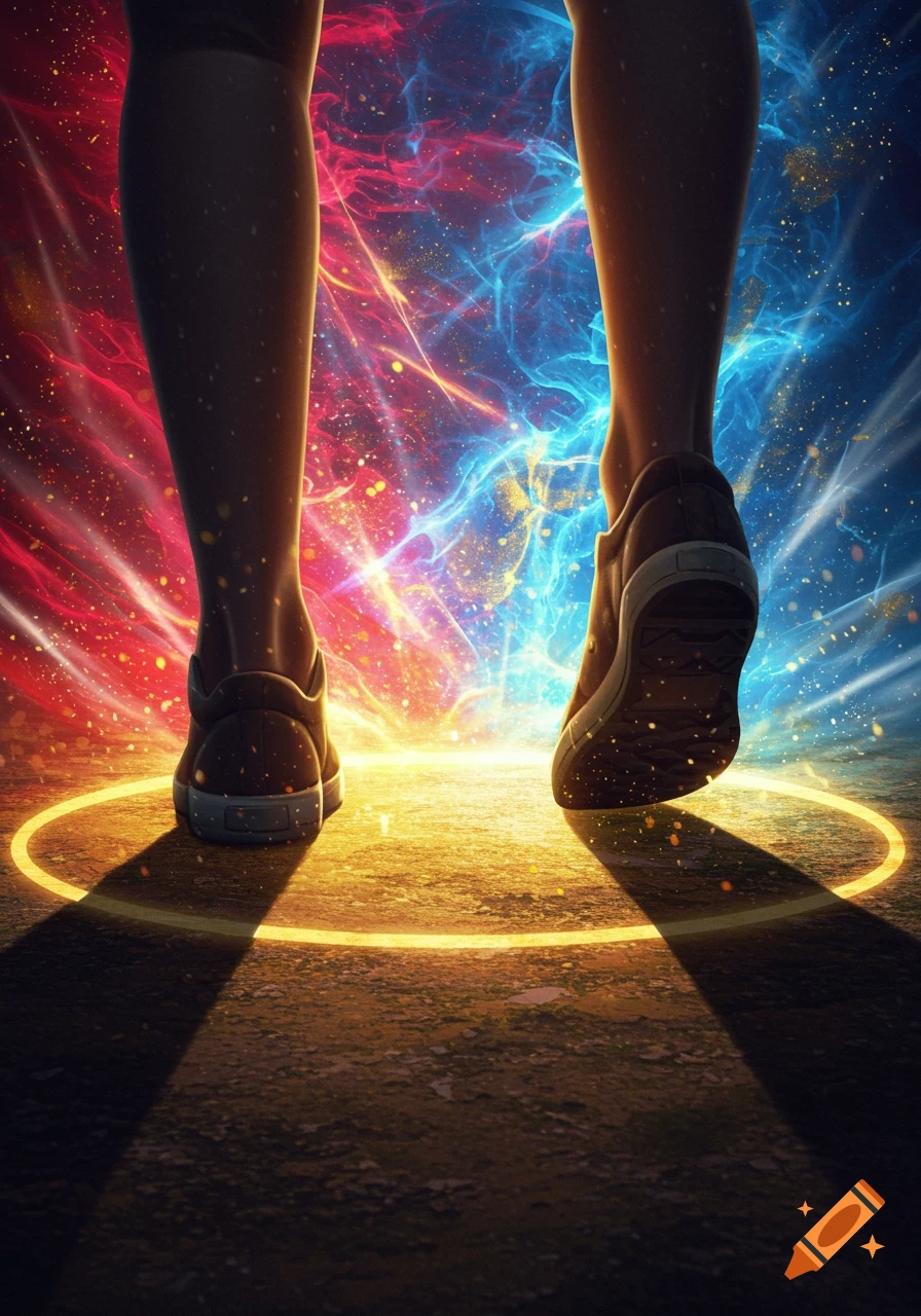 A person's legs and feet step out of a glowing golden circle, with dynamic red and blue energy swirling in the background.