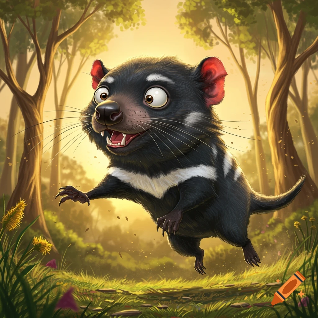 A cute, cartoon Tasmanian devil caricature leaping through a bright, sunlit forest.