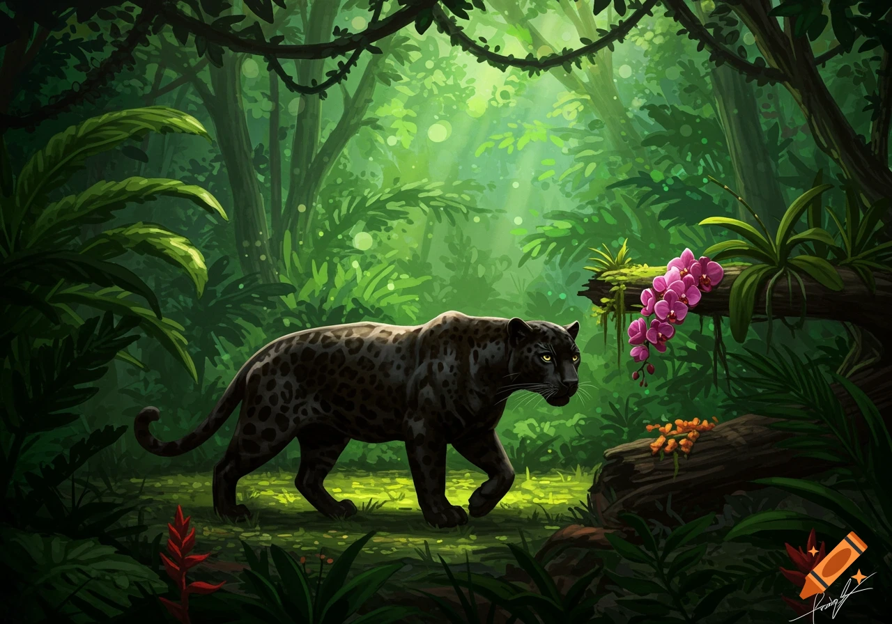 A black panther with yellow eyes walks through a vibrant, lush green jungle with bright pink orchids and sunbeams filtering through the canopy. Stylized illustration.