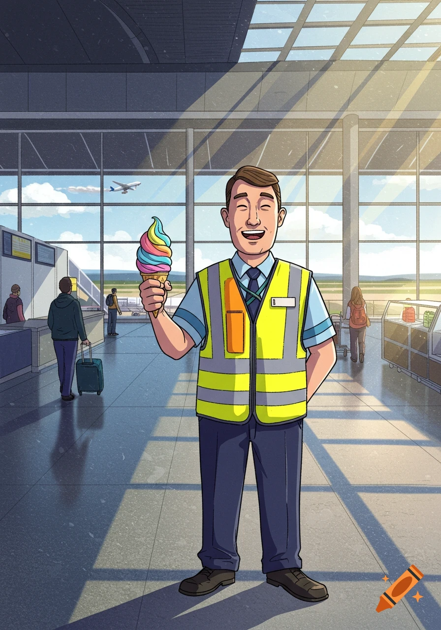 An illustration of a smiling male airport employee in a yellow vest holding a colorful ice cream cone inside a sunny airport terminal.