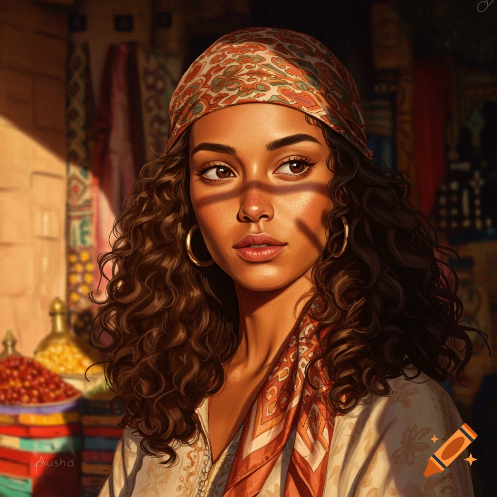 A digital painting portrait of a young woman with curly hair and a patterned headscarf, light dappling her face in a market.
