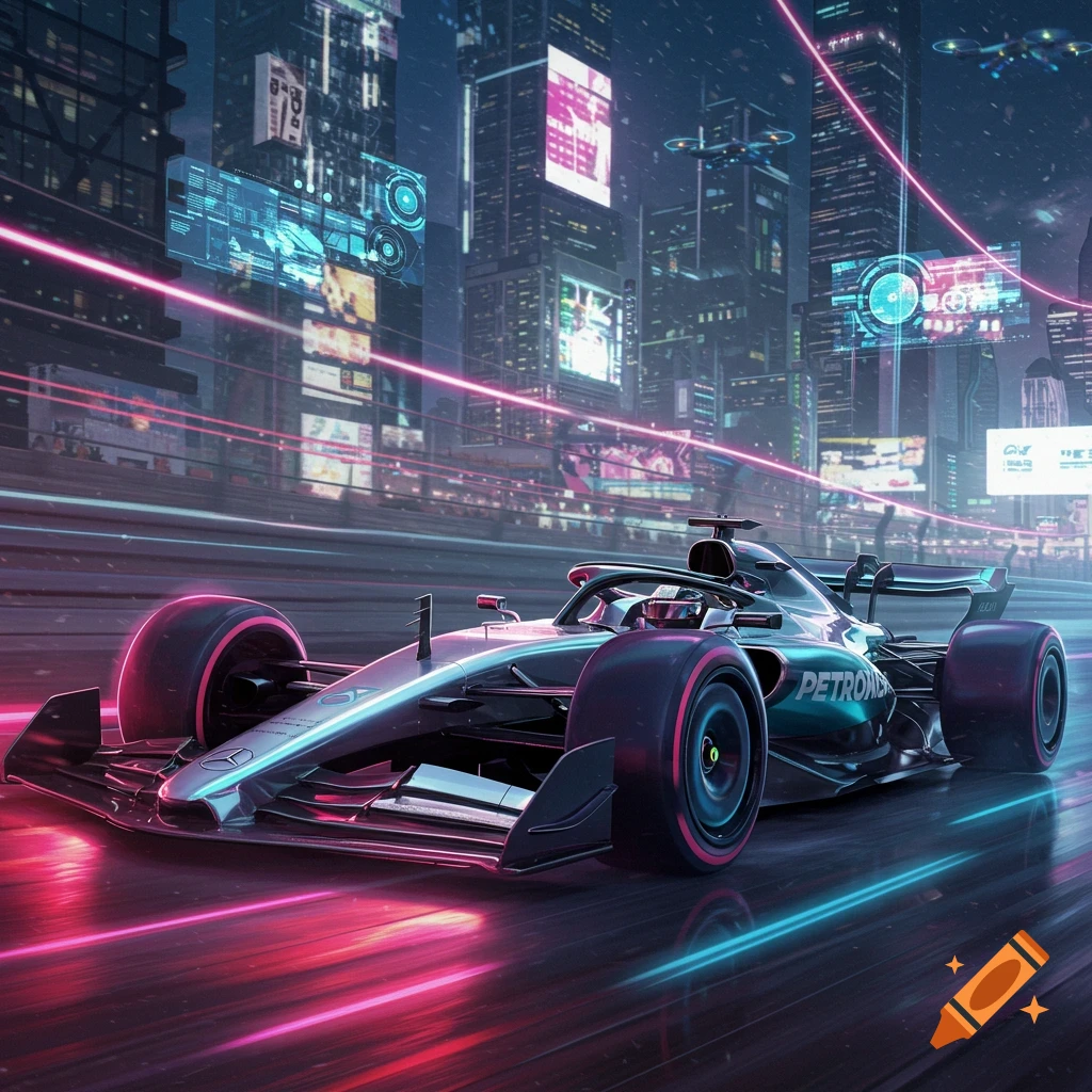 A futuristic Formula 1 car with neon pink and blue lights speeding through a cyberpunk city at night.