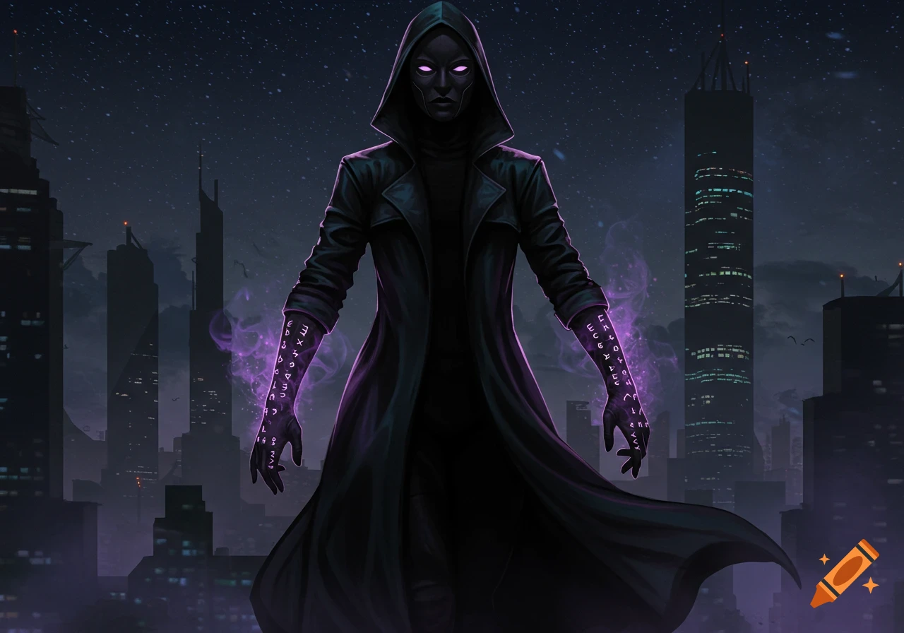 A masked superhero in a long trench coat with glowing purple runes on their forearms stands in a dark, futuristic city at night.