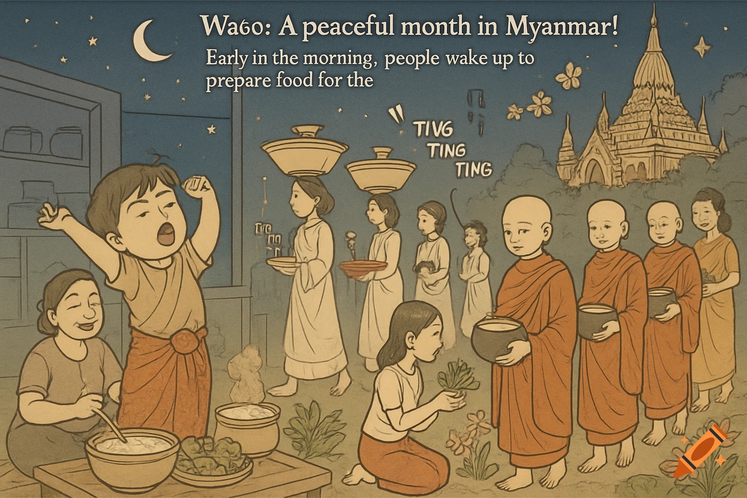 An illustration in Myanmar depicts people preparing food early in the morning and offering it to monks, with a pagoda in the background and a crescent moon in the sky.