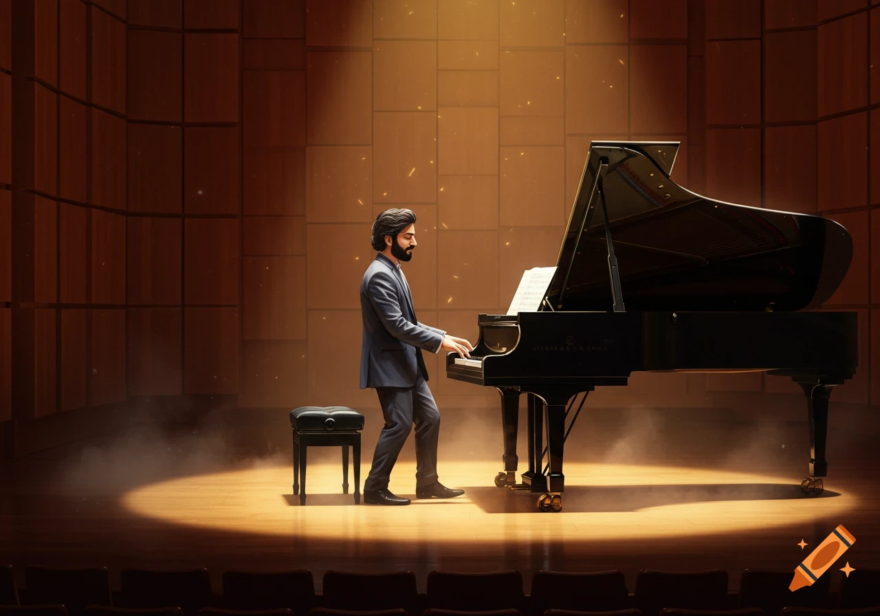 A man with a beard plays a grand piano on a spotlighted stage in a concert hall.