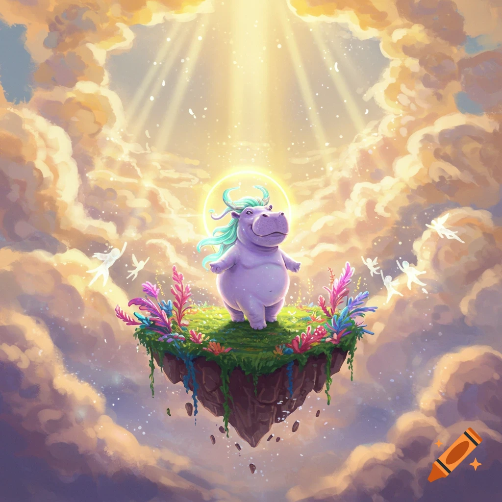 A cute purple pygmy hippo with blue hair and a golden halo stands on a floating grassy island surrounded by clouds and sunlight, with tiny fairies.