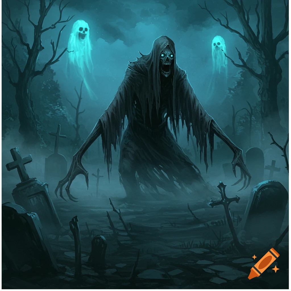 A skeletal grim reaper figure with glowing blue eyes stands in a foggy, dark cemetery, with two blue ghosts floating in the background.