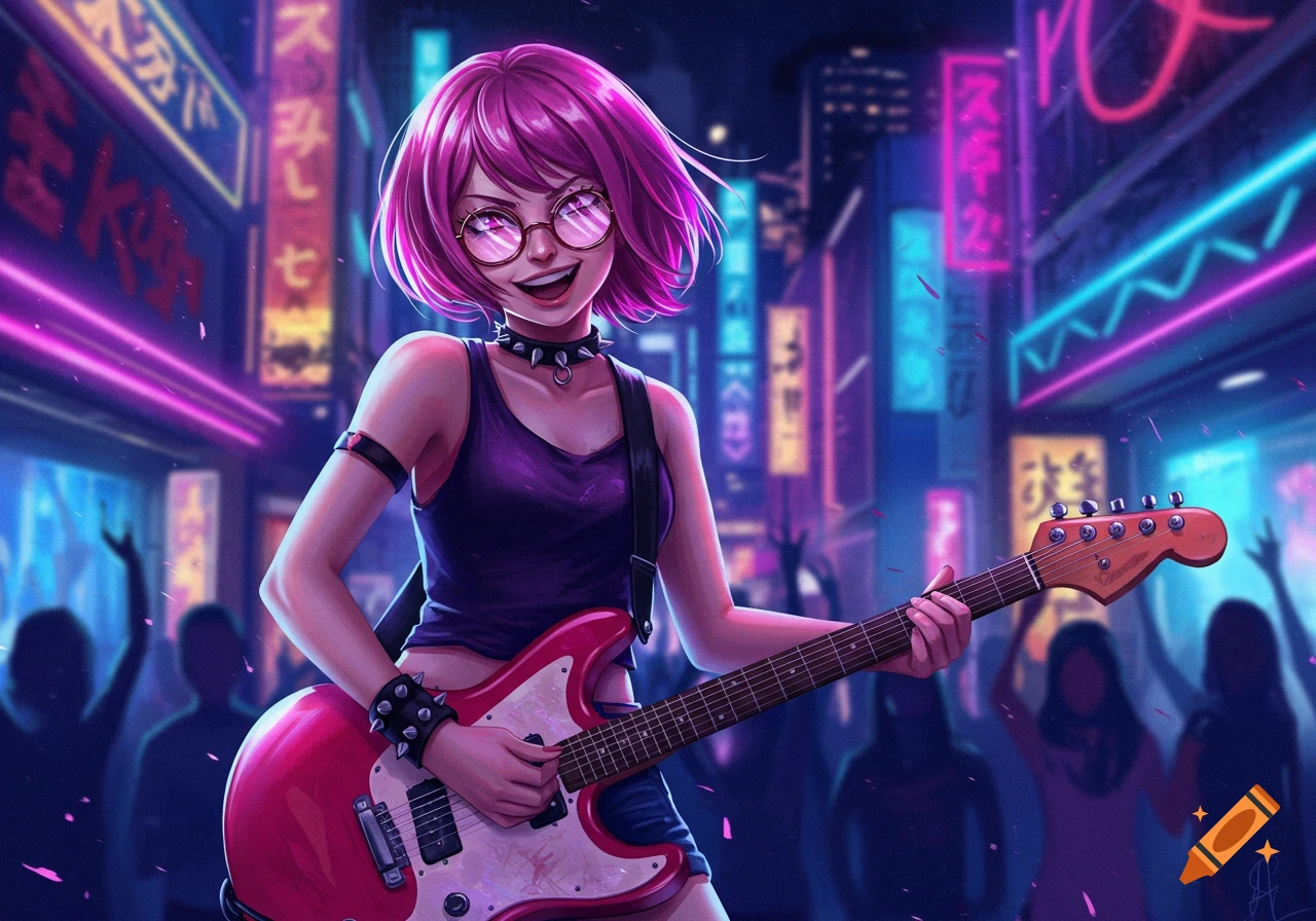 An anime girl with pink hair, glasses, and a punk outfit plays an electric guitar in a neon-lit cyberpunk city street.