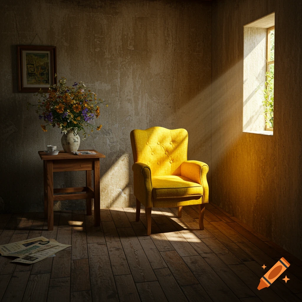 A vibrant yellow armchair sits in a sunlit room with distressed walls, a small table with flowers, and papers on a wooden floor in a painting style.