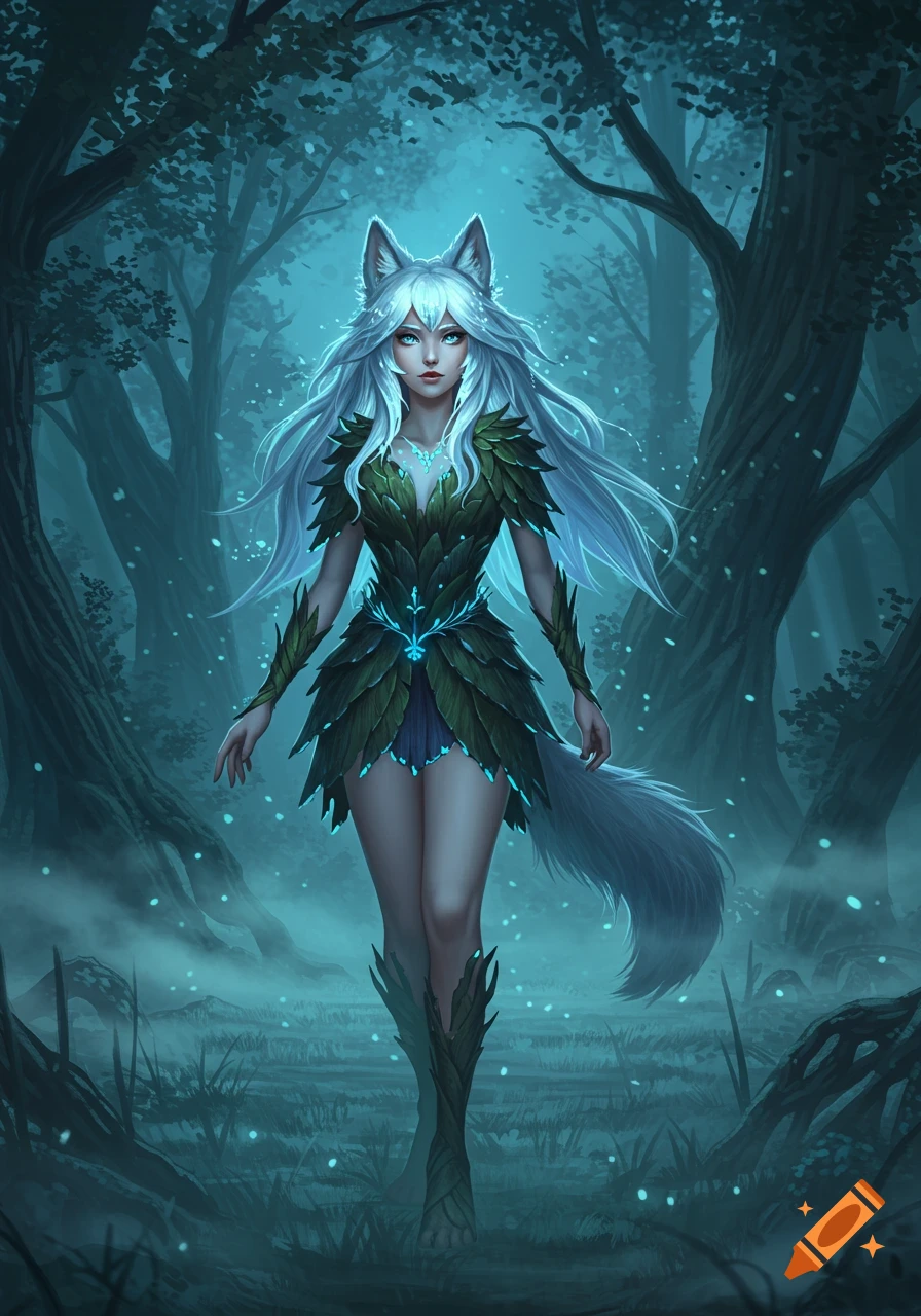 An anime wolf girl with white hair and a leaf dress walks through a mystical blue forest.
