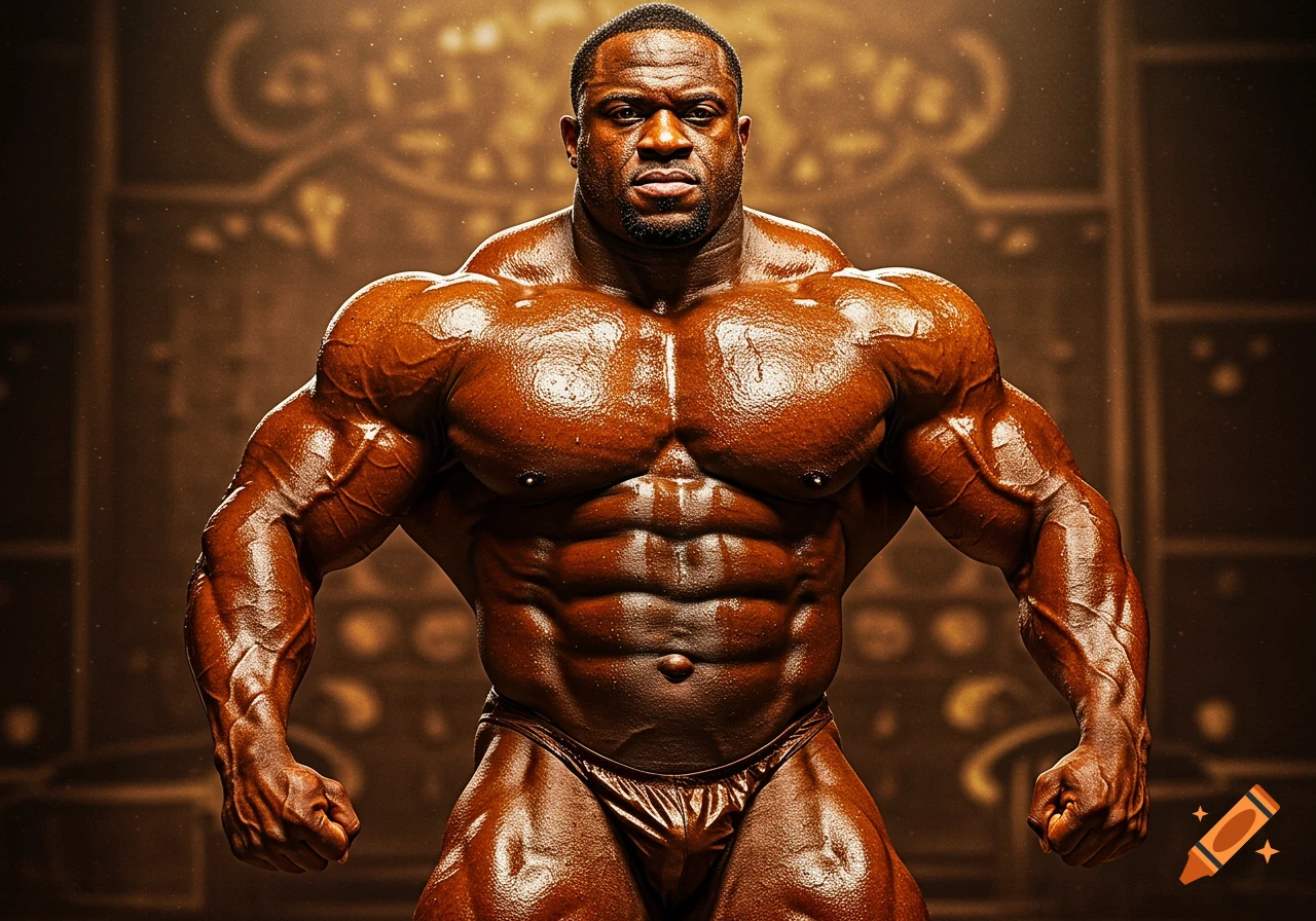 Photorealistic image of a heavily muscled male bodybuilder, glistening with sweat, posing against a blurred ornate golden background.