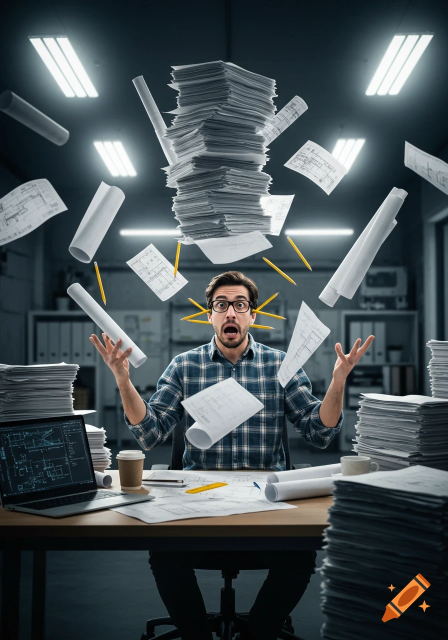 A man with glasses and a plaid shirt, mouth agape, looks overwhelmed as a large stack of papers and pencils flies around him in an office setting. A laptop with blueprints is on his desk.