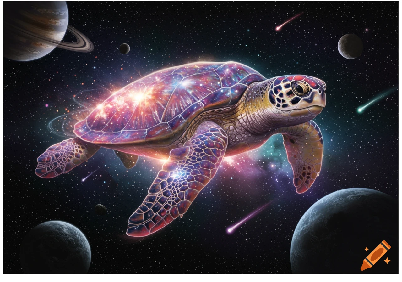 A vibrant cosmic turtle with a galaxy shell swims through space among planets and shooting stars.