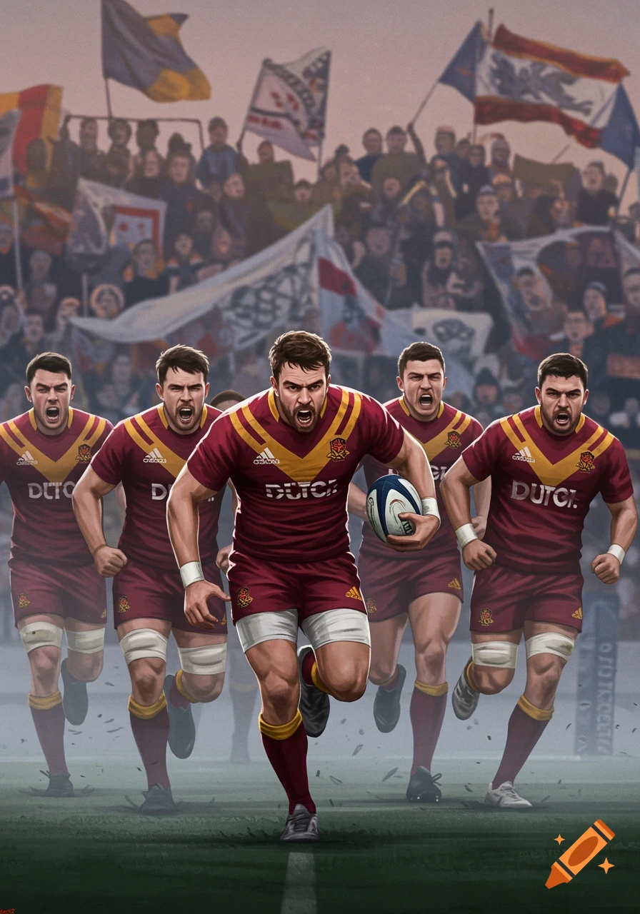 A vibrant illustration of five rugby players in red and gold jerseys running across a field with a crowd cheering in the background.