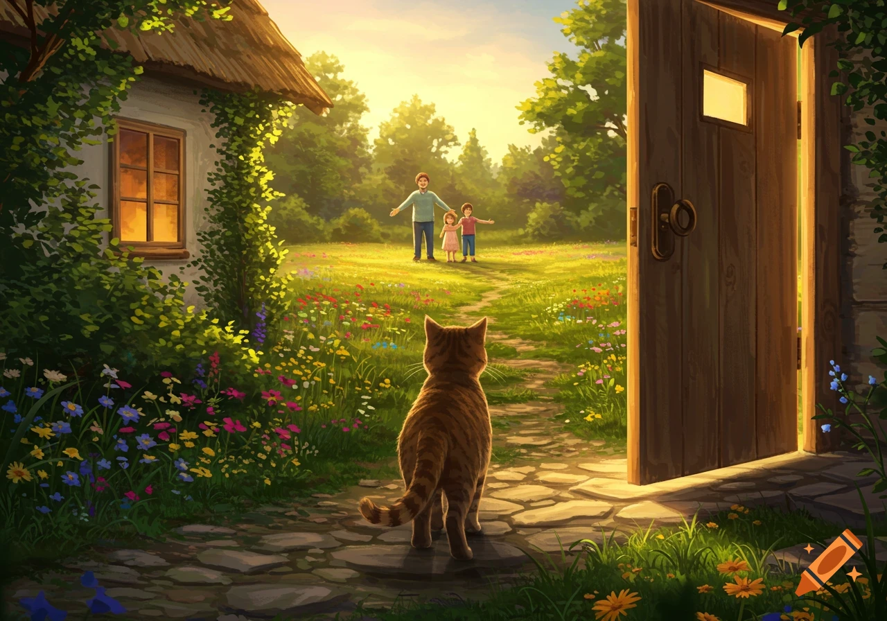 A ginger cat looks towards a family in a sunny wildflower field, framed by a rustic house and open gate in an illustration style.