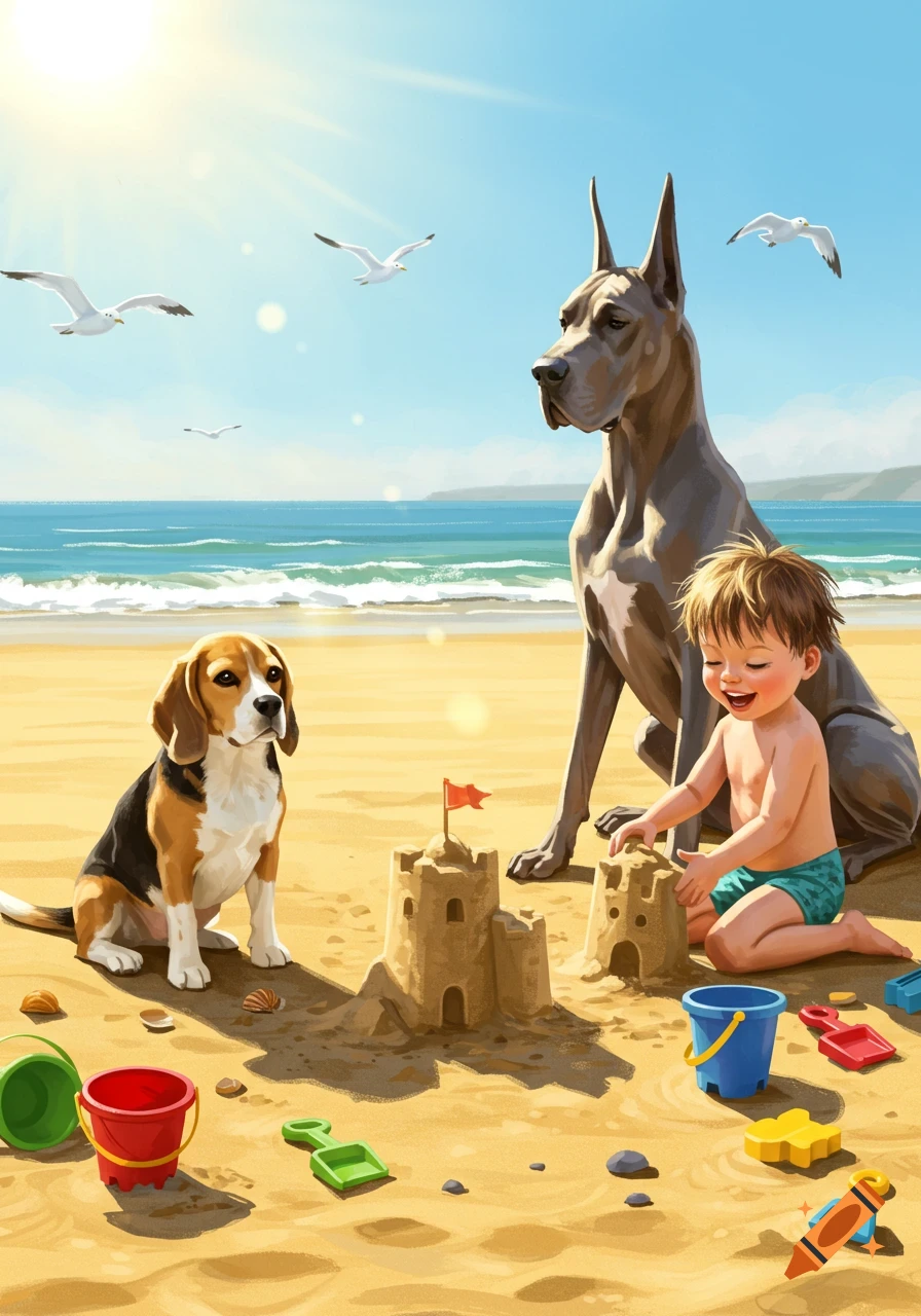 A happy child builds sandcastles on a sunny beach, accompanied by a beagle and a Great Dane, with seagulls flying above the ocean.