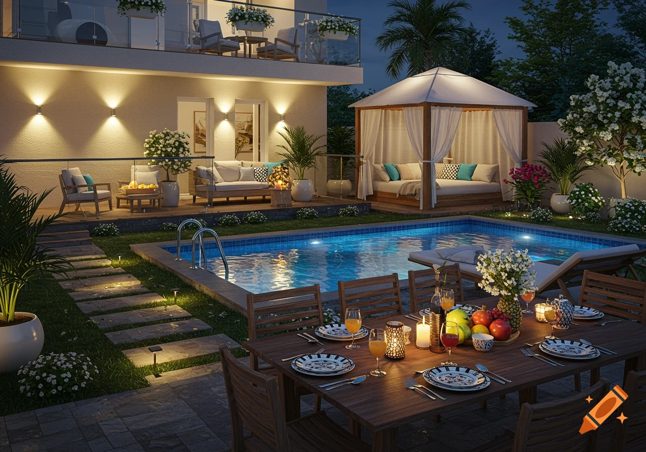 A modern backyard at night with a lit swimming pool, a wooden dining table set for dinner, and a covered gazebo.