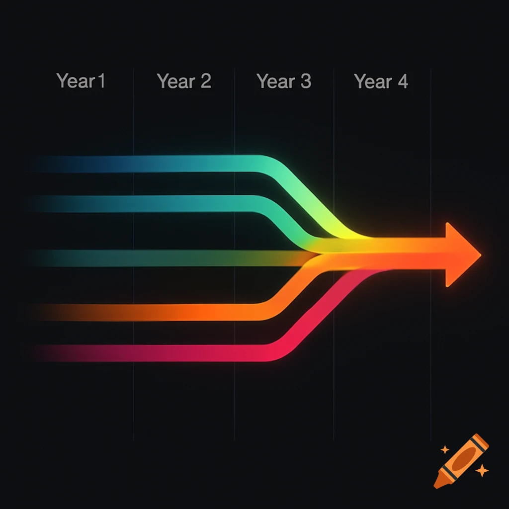 A sleek, dark infographic with four colored arrows representing years converging into one, symbolizing progress.