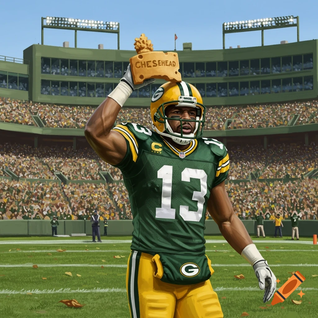 A football player in a green and yellow uniform with number 13 holds a cheese-shaped trophy above his head in a crowded stadium.