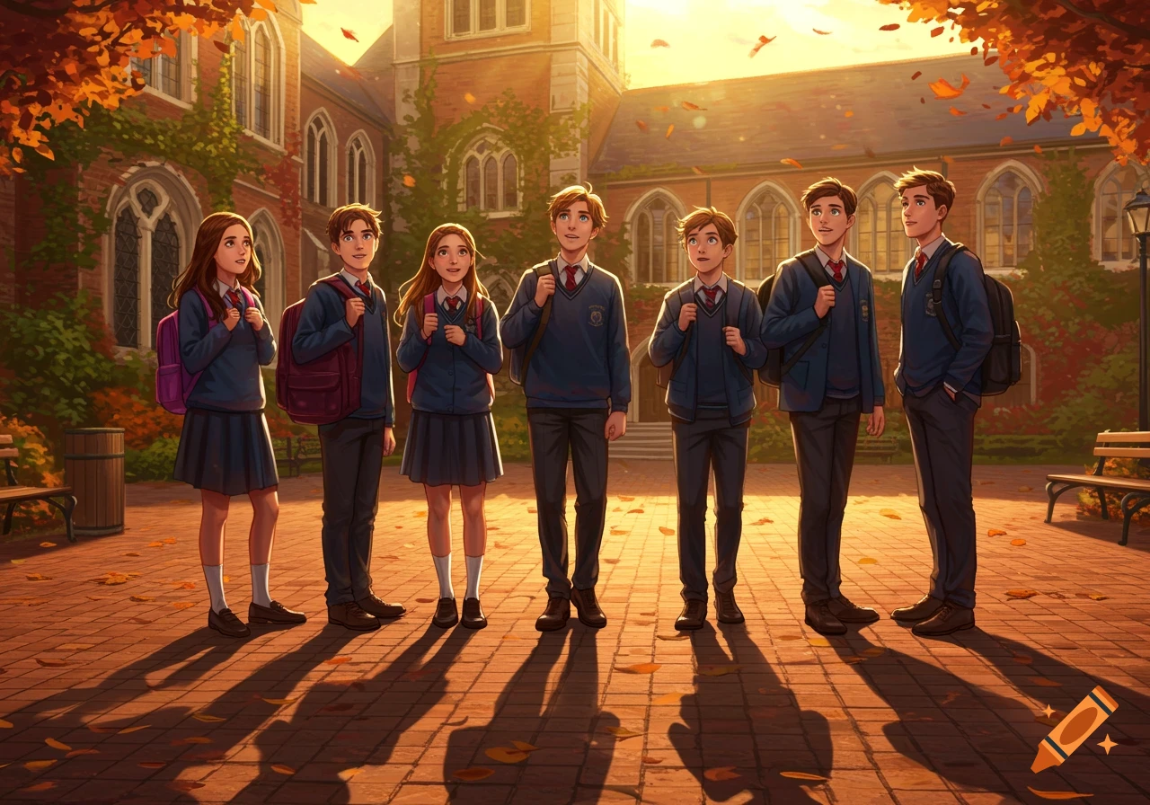 Six students with backpacks stand in front of an old school building during an autumn sunset, illustrated.