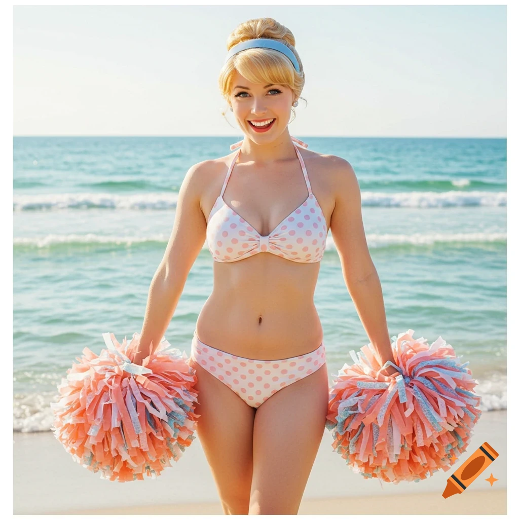 A smiling woman dressed as Cinderella in a polka dot bikini holds cheerleading pom-poms on a sunny beach.