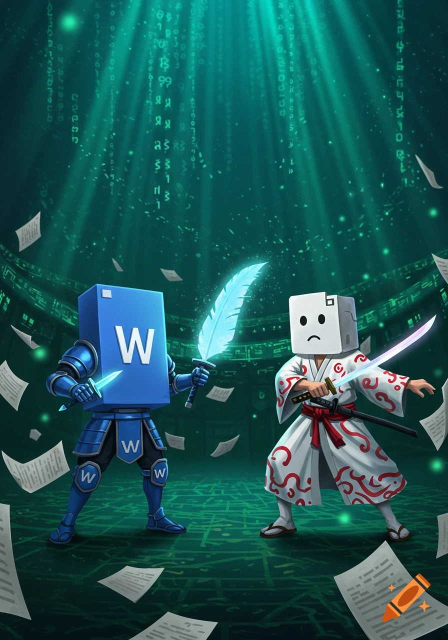 A blue Microsoft Word character in armor with a glowing feather sword battles a white Google Docs character with a katana in a Matrix-like digital realm.