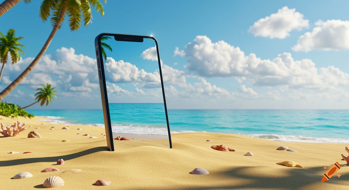 A mobile phone stands upright in the sand on an idyllic tropical beach with palm trees and turquoise ocean under a blue sky.