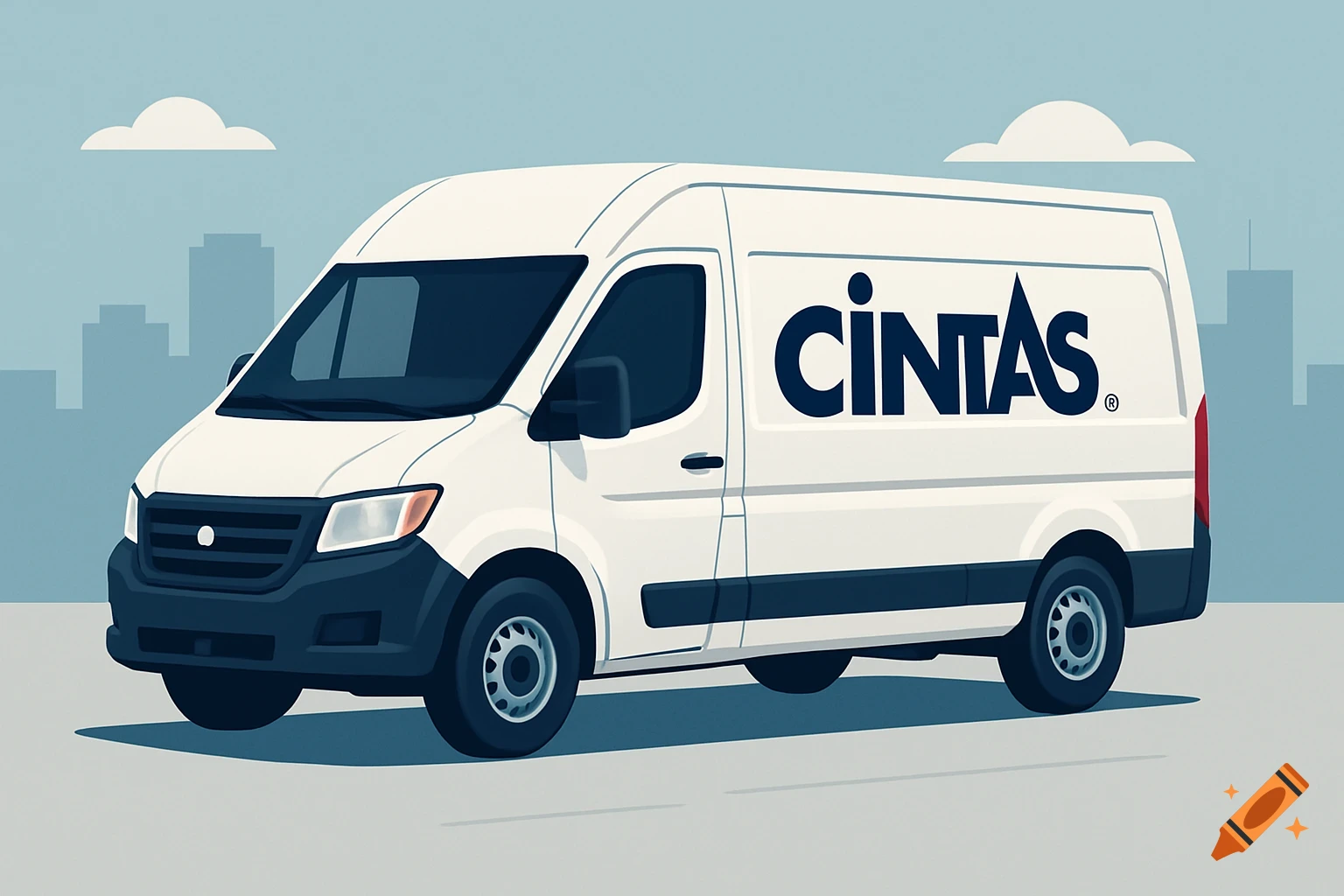 A white Cintas delivery van with a blue logo on the side, in a stylized illustration with a city skyline background.