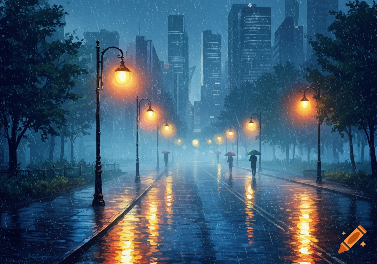 A stylized painting of a rainy city street at night, with glowing streetlights reflecting on the wet pavement, and distant skyscrapers.
