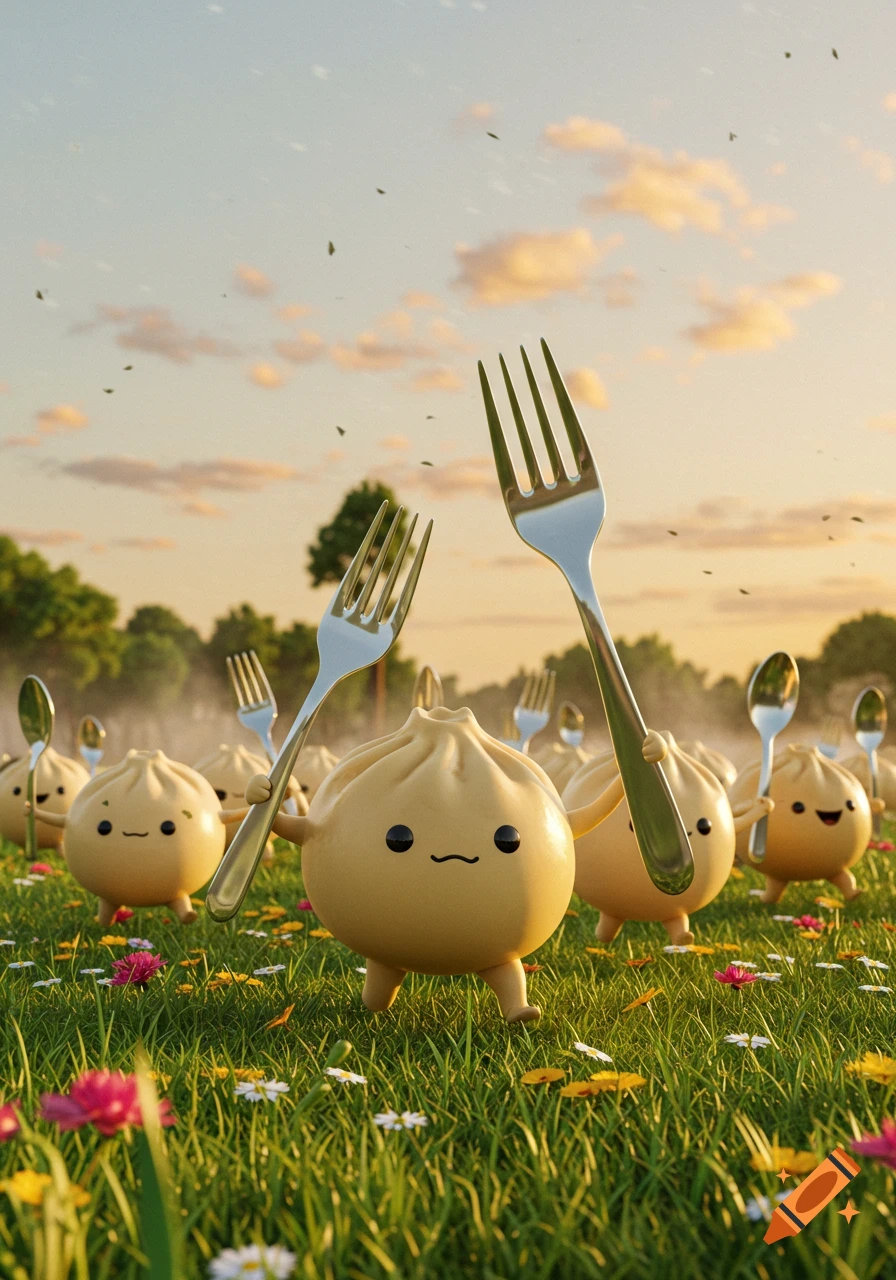 Cute 3D rendered momo characters march across a grassy field at sunset, holding forks and spoons like warriors among wildflowers.