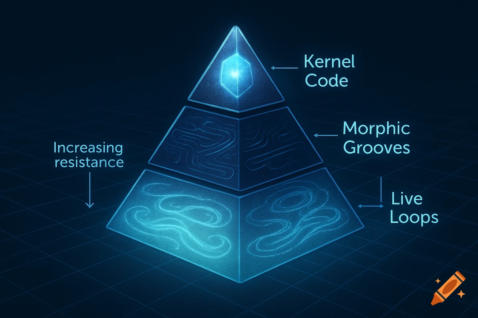 A glowing blue pyramidal hierarchy diagram in a dark, futuristic grid, with layers labeled 'Kernel Code', 'Morphic Grooves', and 'Live Loops', and an arrow indicating 'Increasing resistance'.