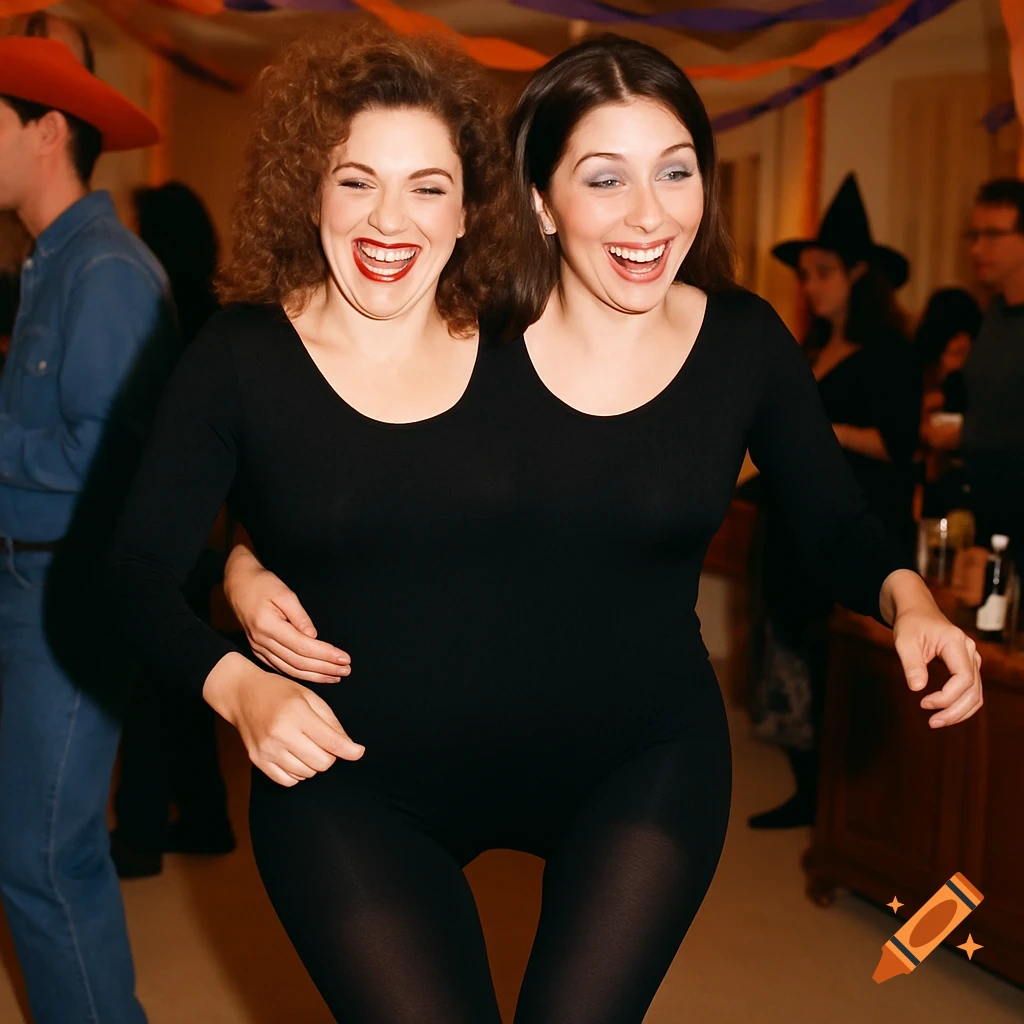 Two women in a black leotard creating a two-headed illusion at a Halloween party, smiling and laughing.