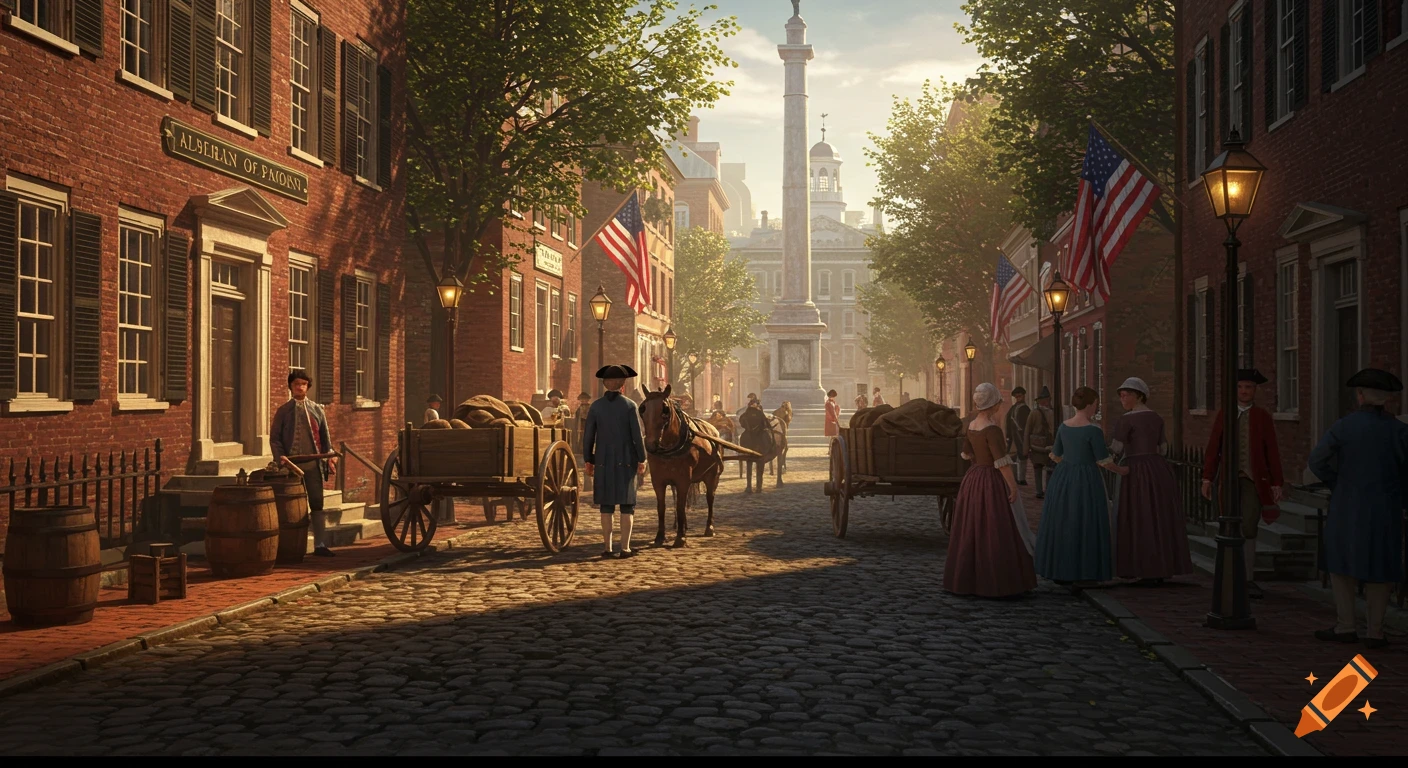 A bustling 18th-century street scene in Philadelphia with brick buildings, cobblestones, horse-drawn carts, and people in period clothing under a sunny sky.