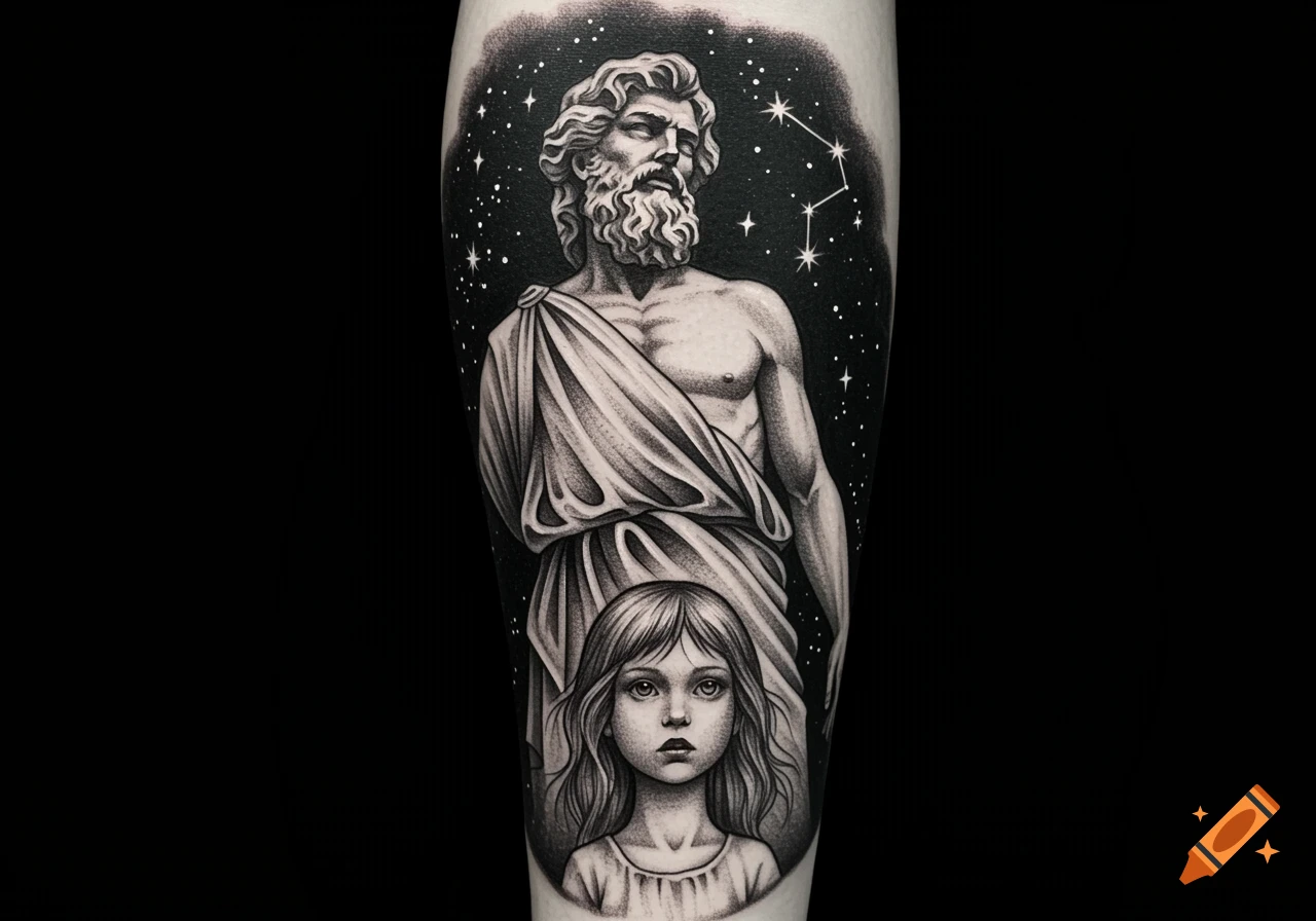 A black and white tattoo featuring a bearded man in drapery standing above a girl, set against a starry night sky with a constellation.