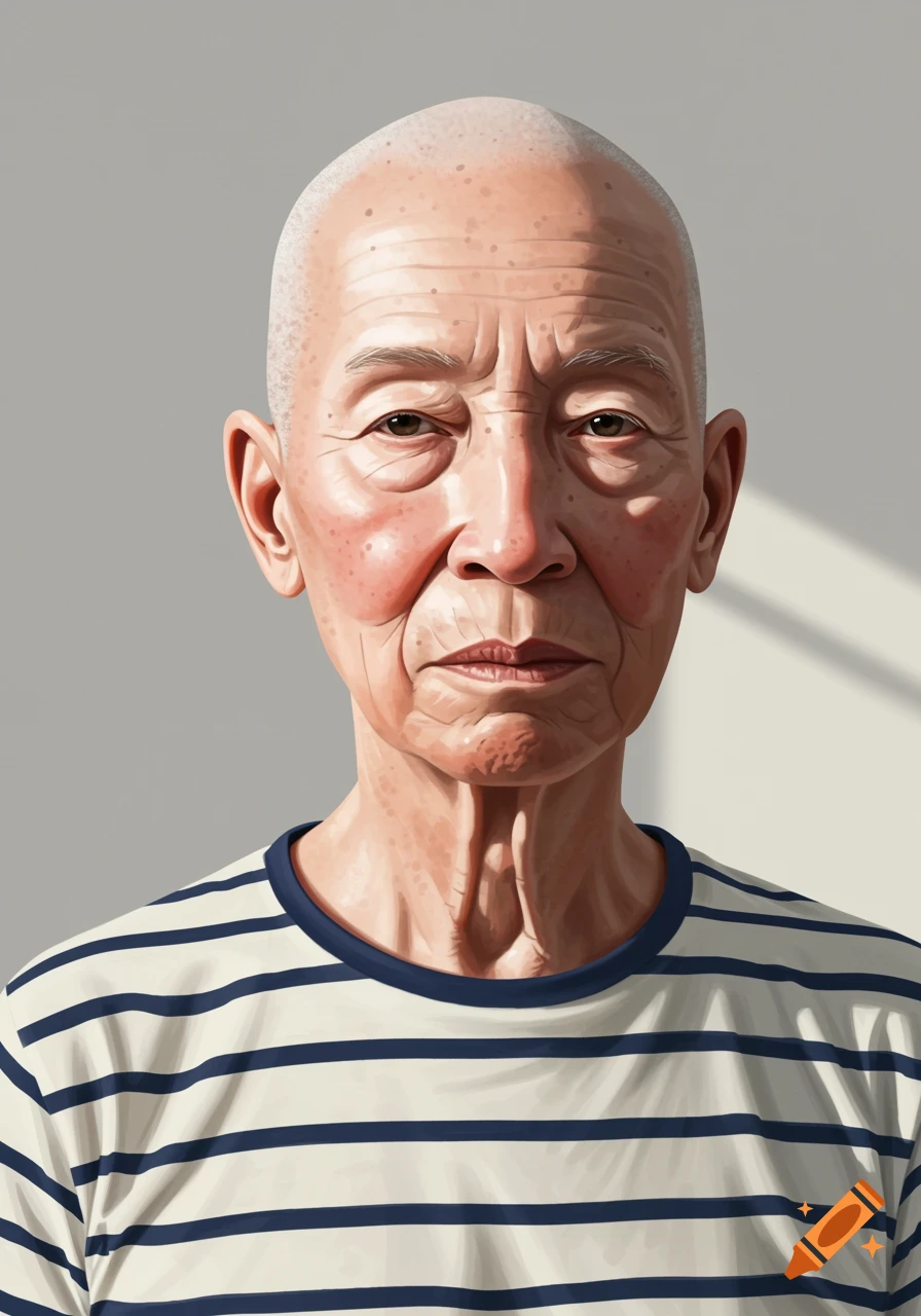 Close-up stylized portrait of a bald, older person wearing a blue and white striped t-shirt.