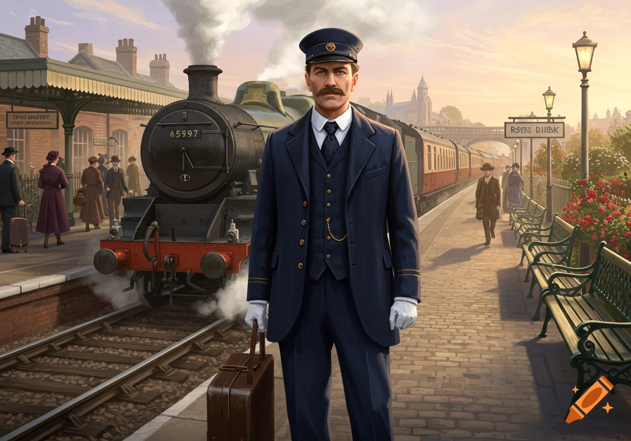 A distinguished station master in a navy blue uniform stands on a platform next to a steam train at a bustling vintage train station.