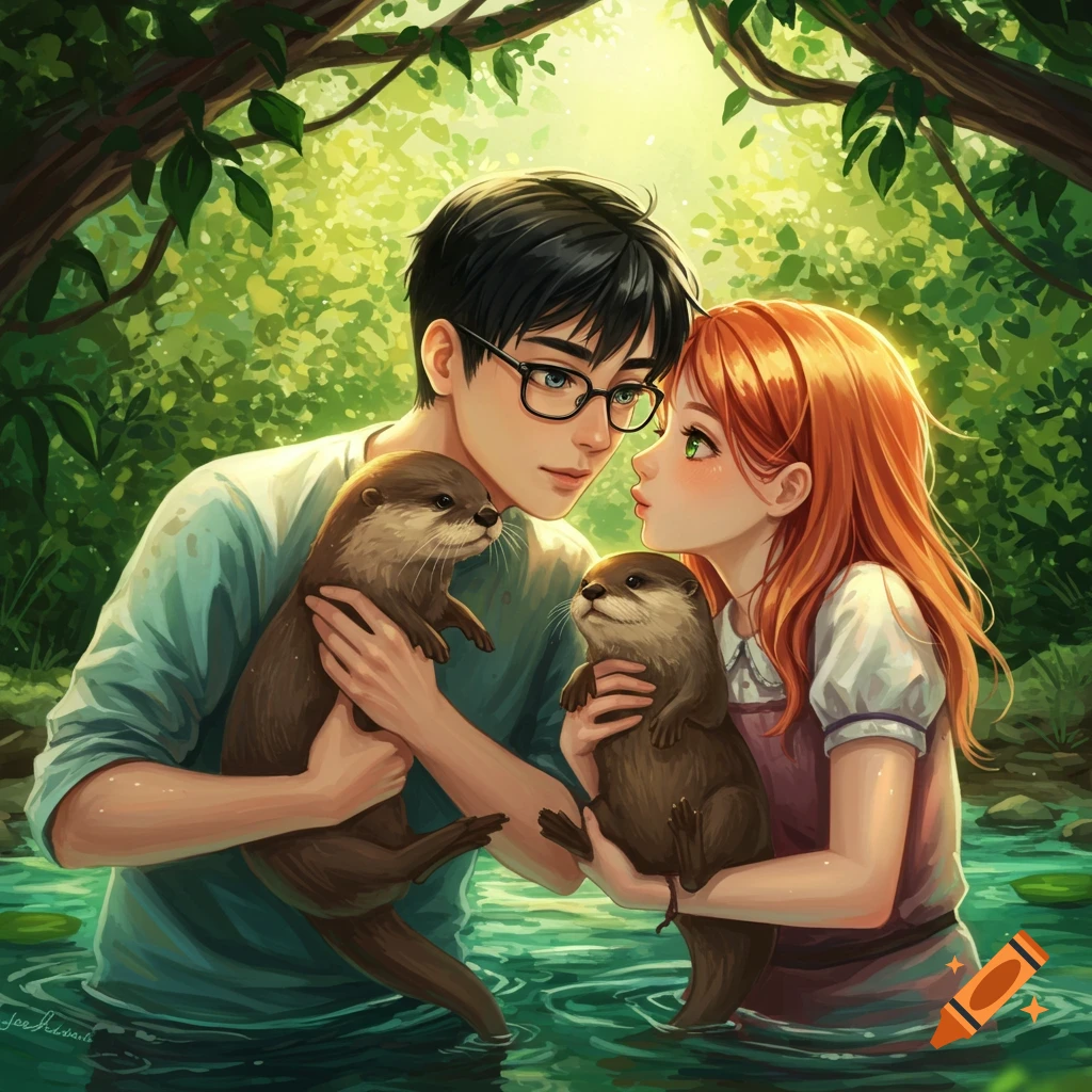Anime illustration of a man and woman holding otters in a lush green forest pond.